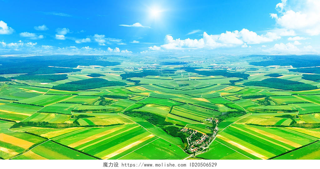 绿色清新农田环保田野发展景色大自然蓝天白云背景绿色发展